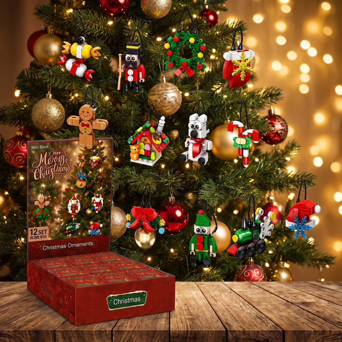12-Day Mini Ornament Advent Calendar, Brick Blind Boxes with Cords