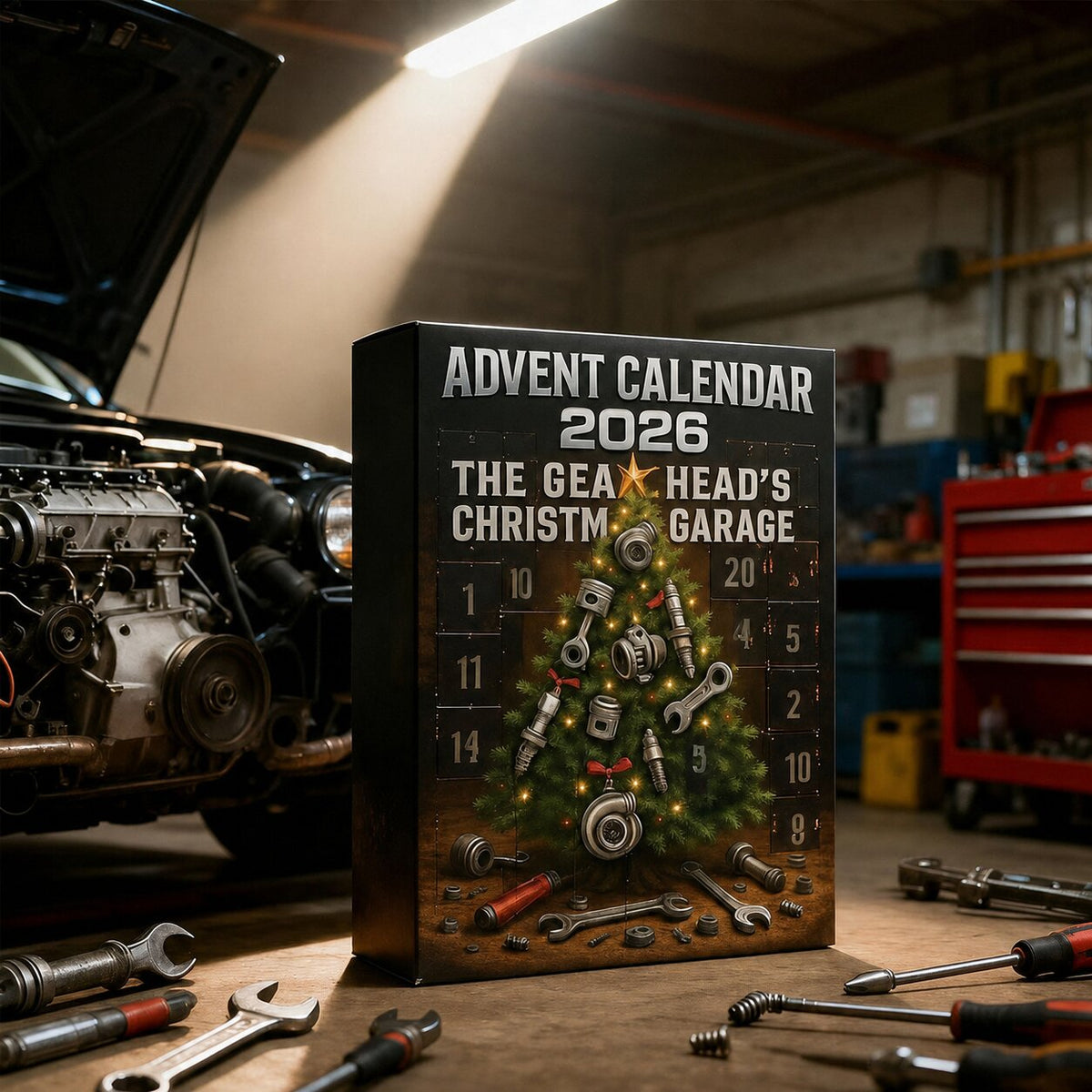 Adventní kalendář s autodíly 2026 – 24denní odpočítávání s garážovou tematikou, nářadím a dílenskými motivy