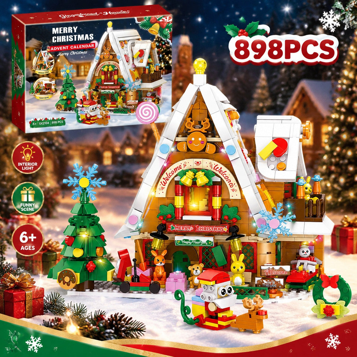 Snow House Christmas Advent Calendar with Interior Light, 898 Pieces