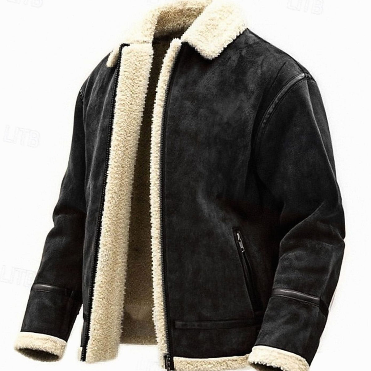 Bomberjakke i aviator-stil til mænd med sherpafor og fuld lynlås