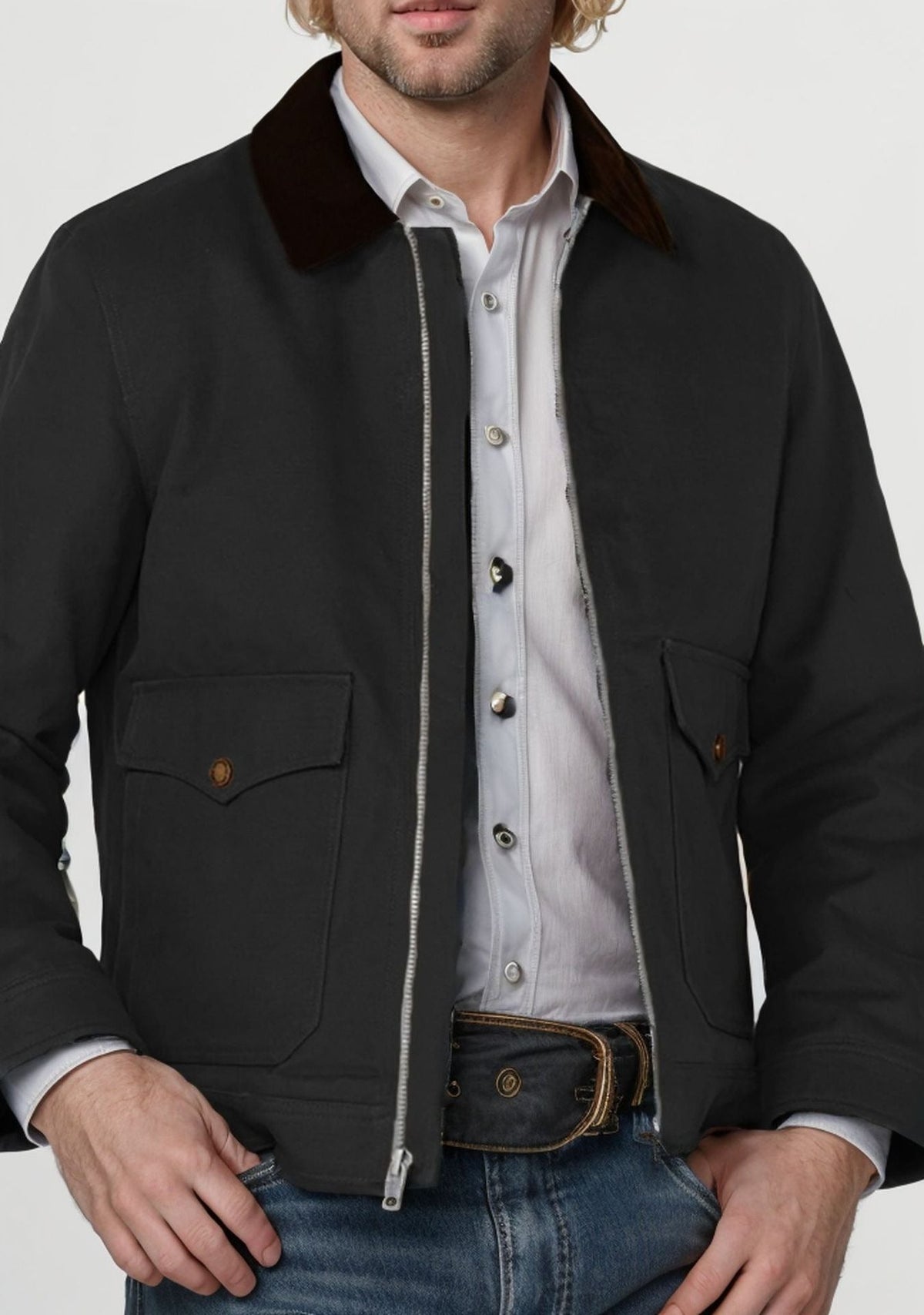 Smart-casual-jakke til mænd med almindelig pasform, blødt materiale, lynlås foran og klaplommer