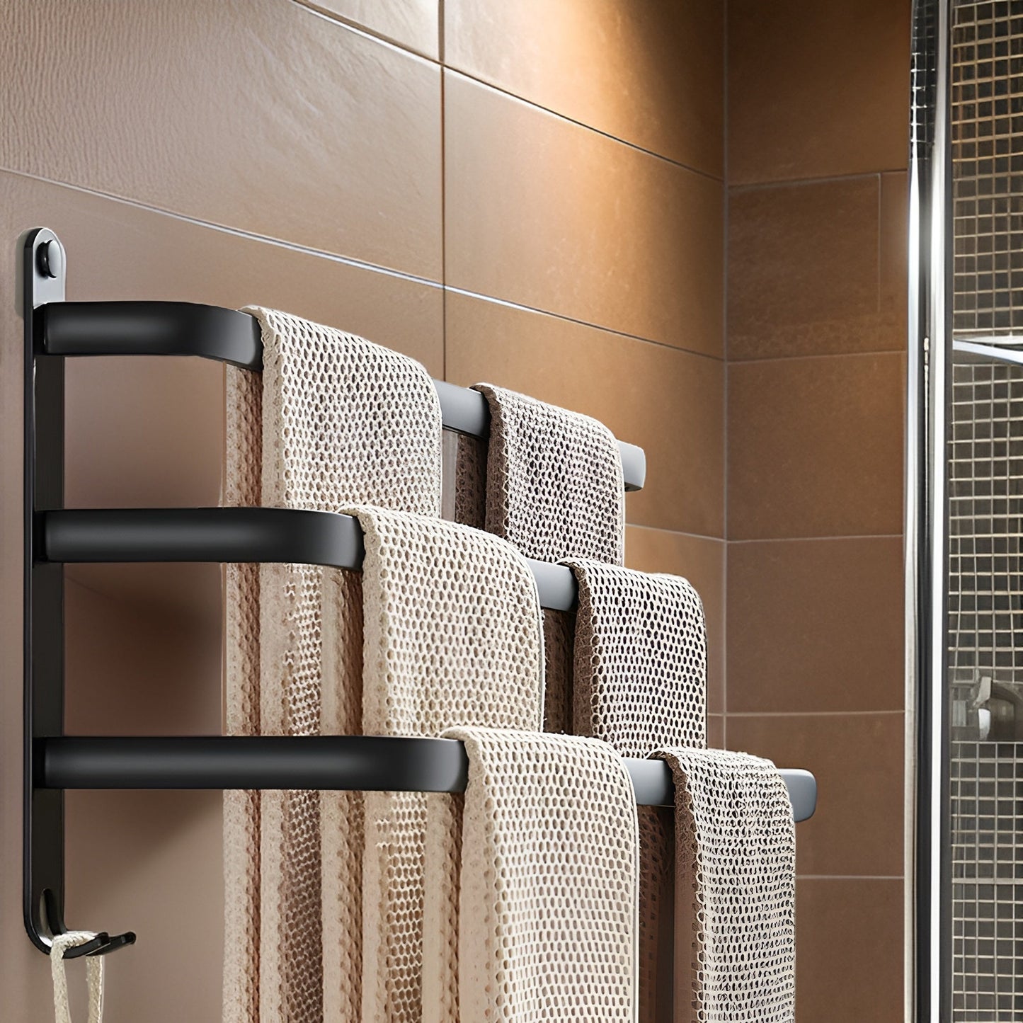 Nokmo | HangEase 3-Tier Towel Holder – Black Wall-Mounted Aluminum Rack Without Drilling