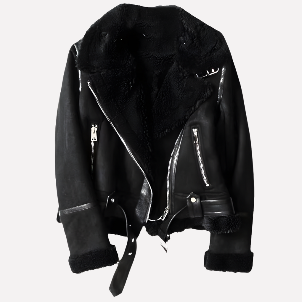 Nokmo | Women's Faux Leather Aviator Jacket with Shearling Collar