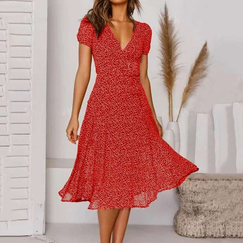 Nokmo | Women's Floral A-line V-Neck Midi Dress