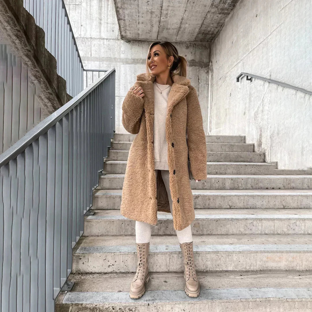 Nokmo | Women's Long Teddy Coat with Lapel Collar