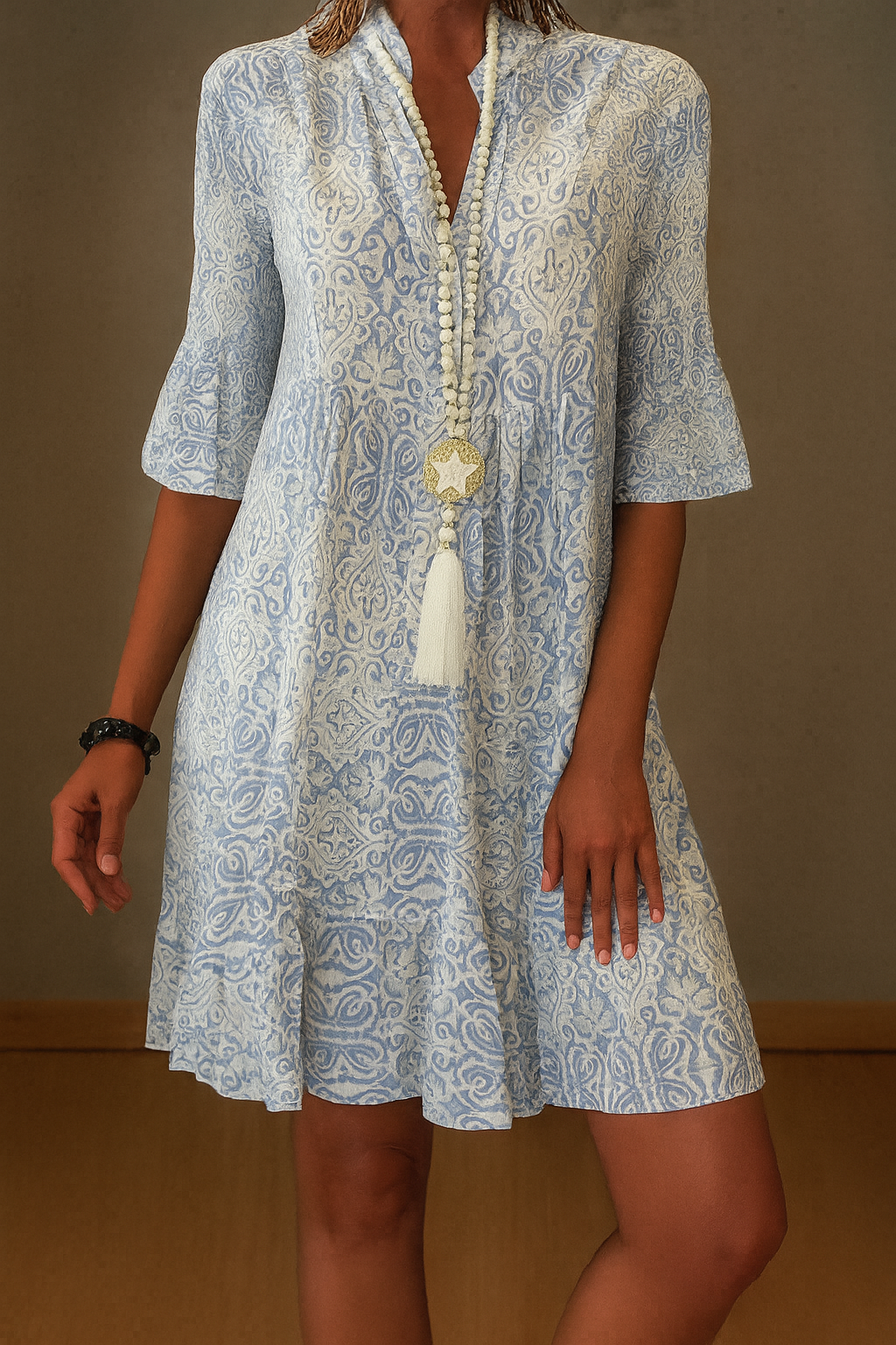 Nokmo | Women's Printed Midi Dress with Ruffle Sleeves
