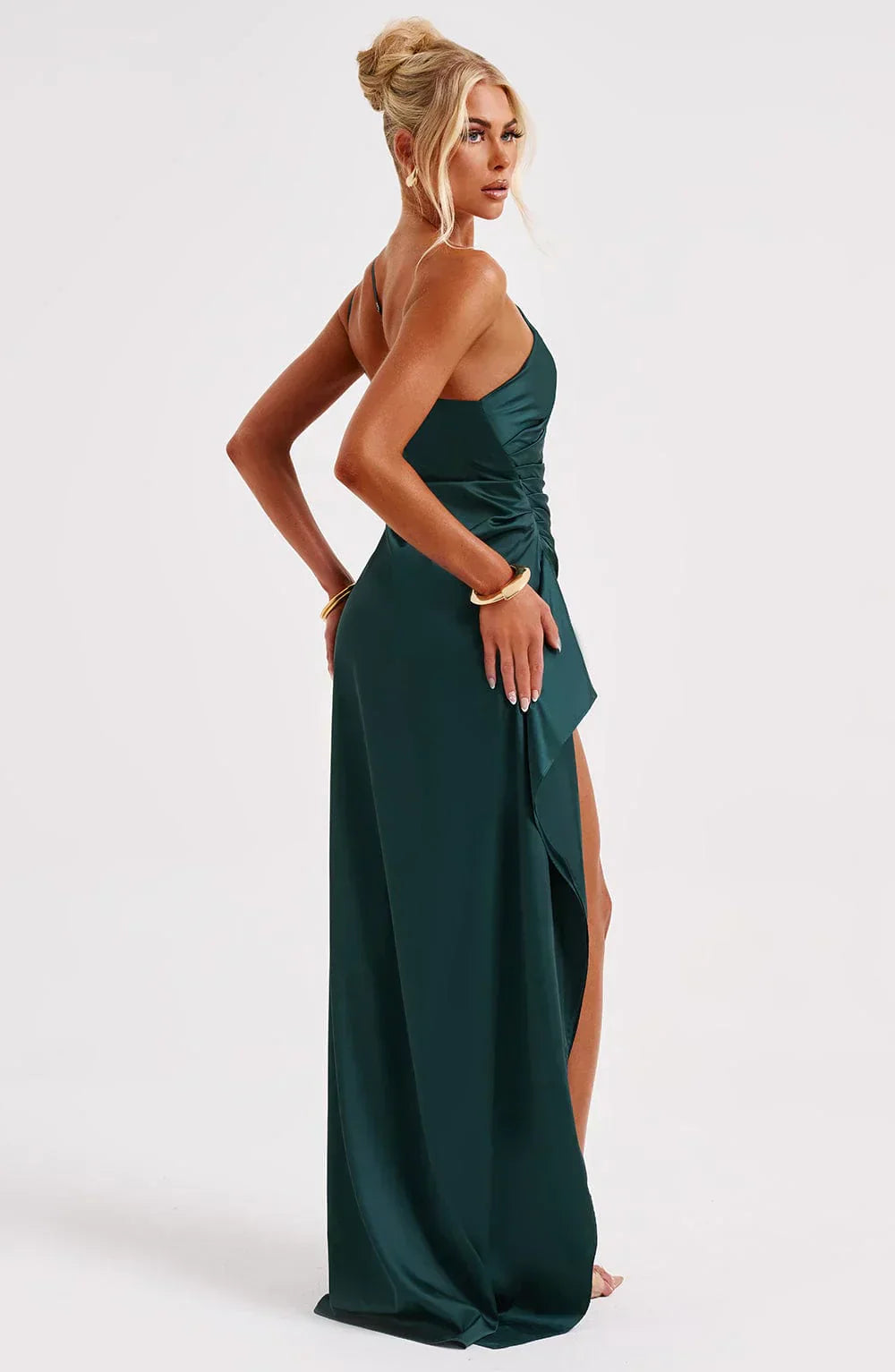 One-shoulder satin pleated slit dress - Autumn Edition