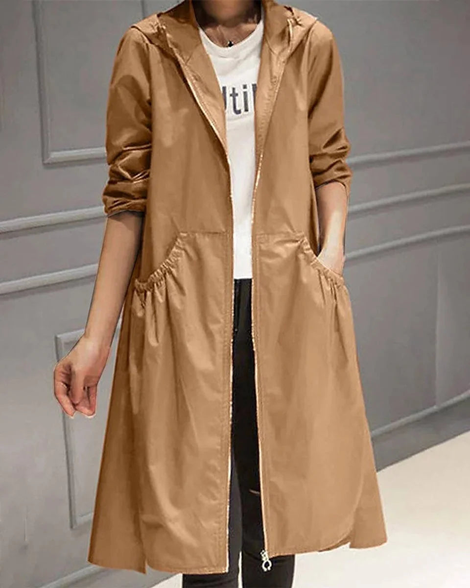 Dames lang vandtæt trenchcoat med hætte
