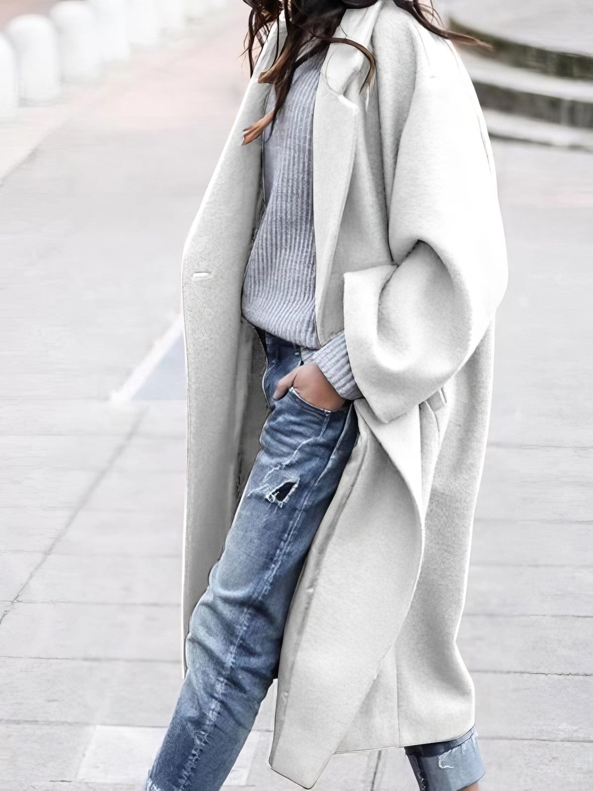 Dámský oversized dlouhý zimní kabát - pohodlný vlněný směsový kabát do chladného počasí