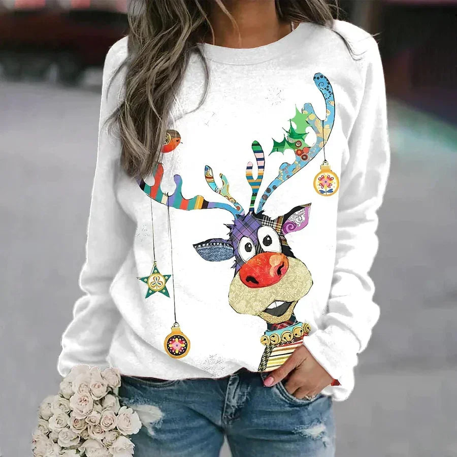 Afslappet sweatshirt til kvinder med rund hals og glitrende juletræ