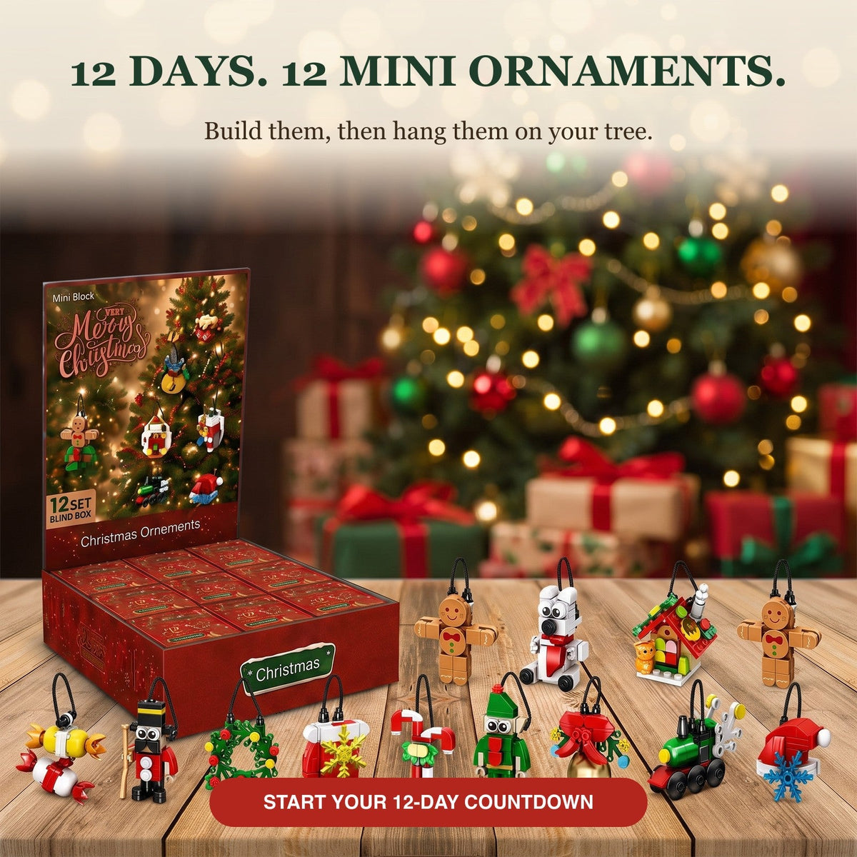 12-Day Mini Ornament Advent Calendar, Brick Blind Boxes with Cords