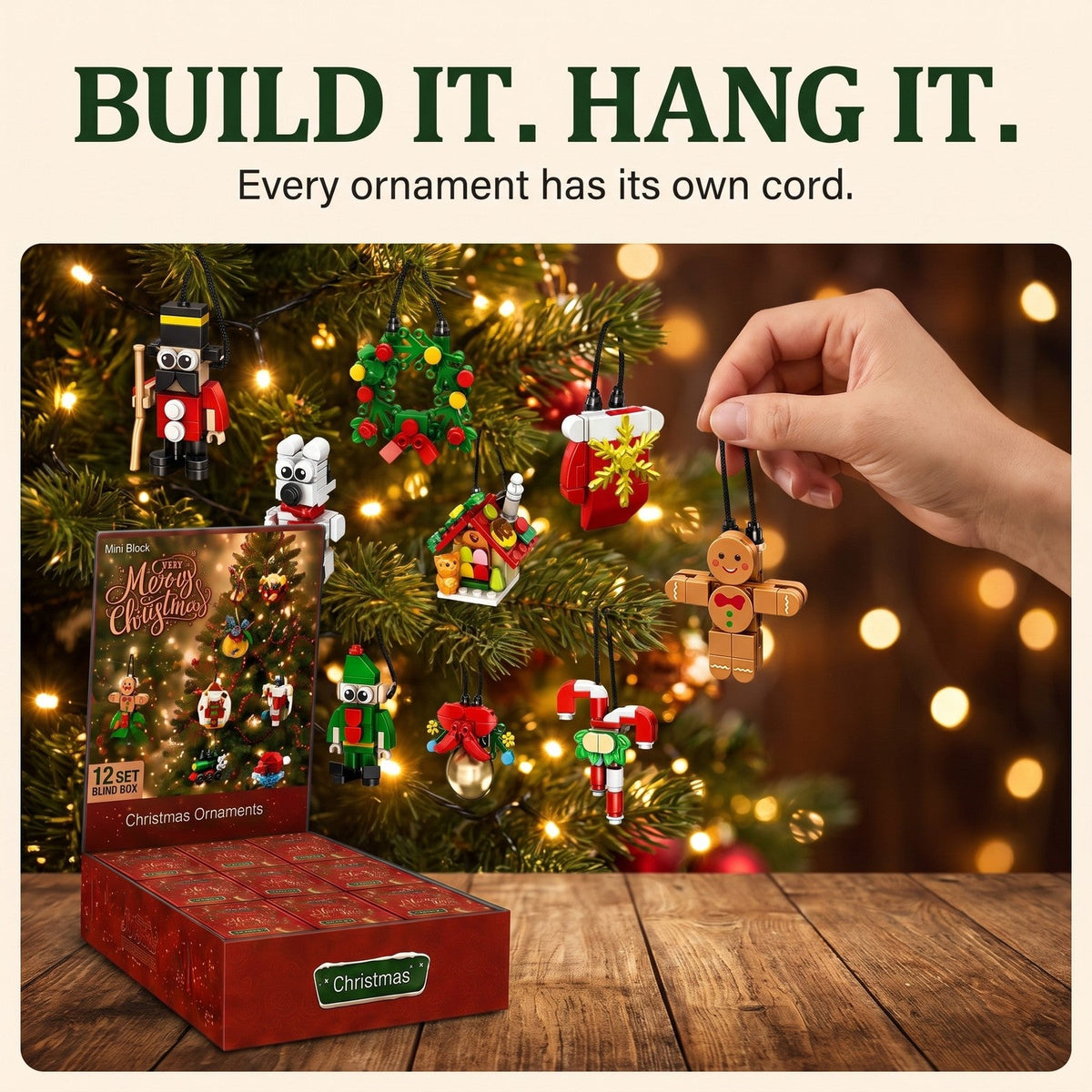 12-Day Mini Ornament Advent Calendar, Brick Blind Boxes with Cords