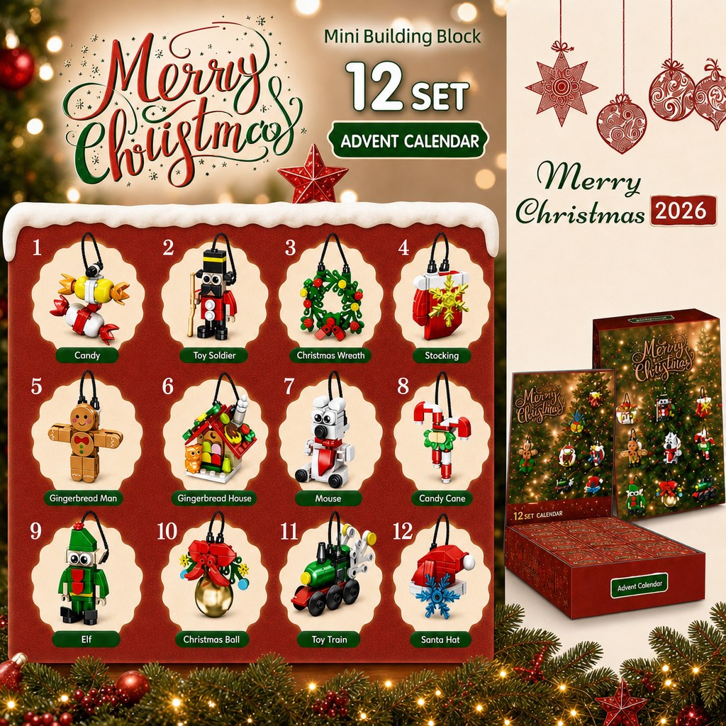 12-Day Mini Ornament Advent Calendar, Brick Blind Boxes with Cords