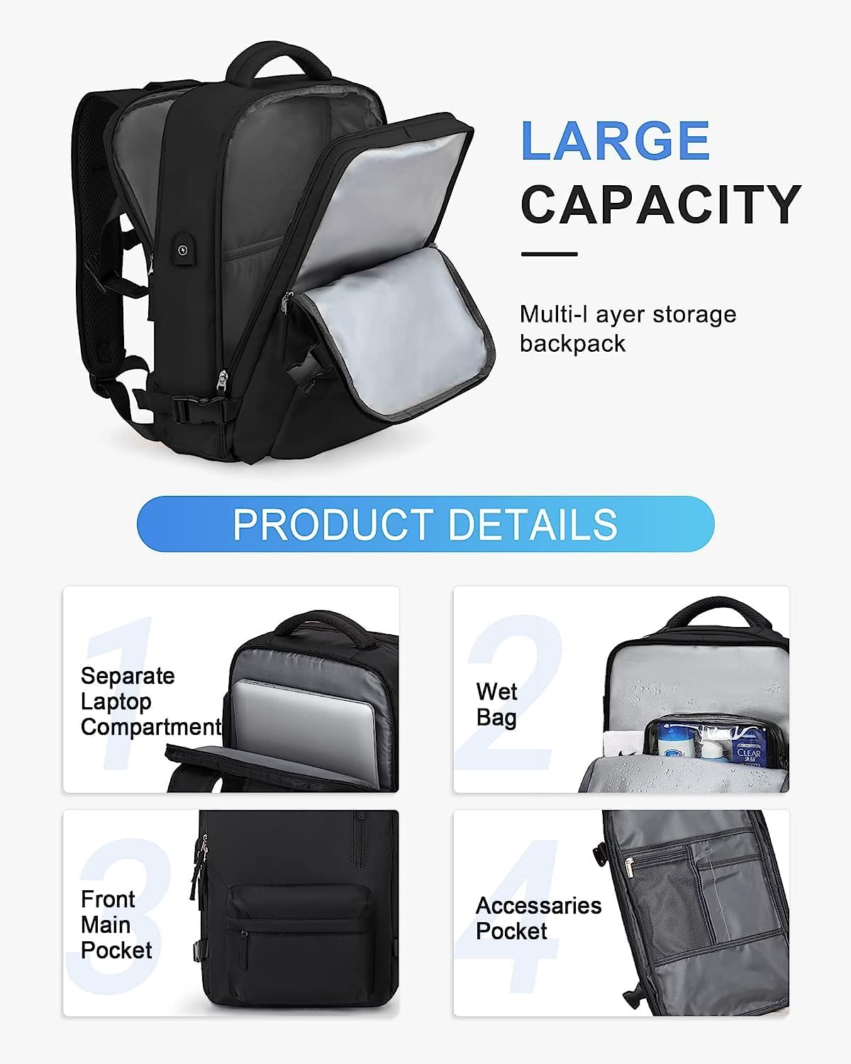 40L Waterproof Travel Backpack with Shoe Compartment & USB Port – 14” (35.56 cm) Laptop Fit