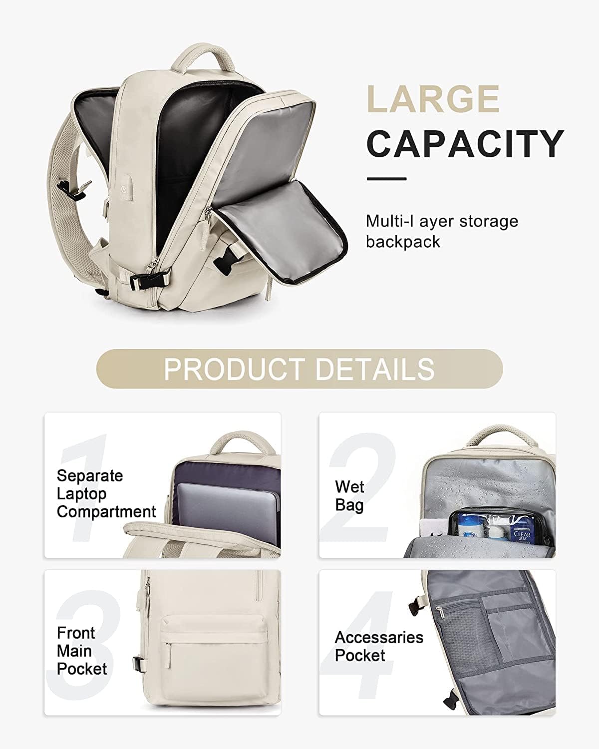 40L Waterproof Travel Backpack with Shoe Compartment & USB Port – 14” (35.56 cm) Laptop Fit