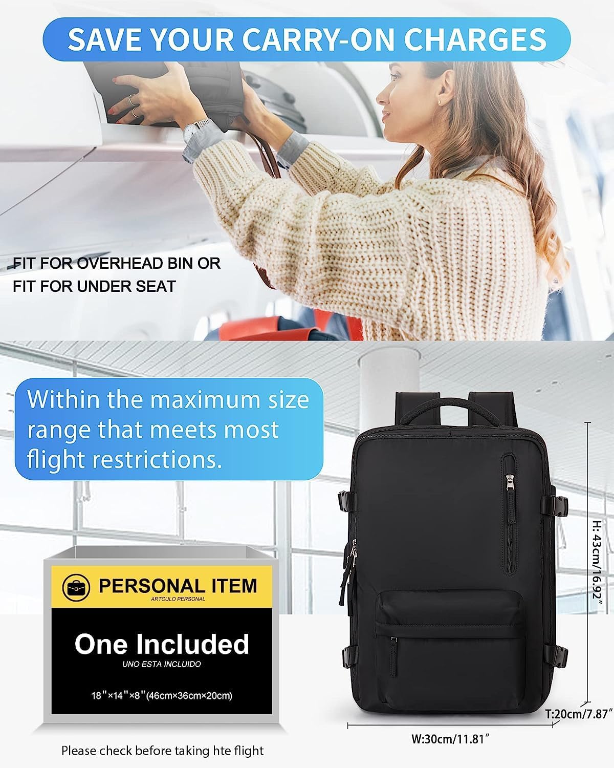 40L Waterproof Travel Backpack with Shoe Compartment & USB Port – 14” (35.56 cm) Laptop Fit