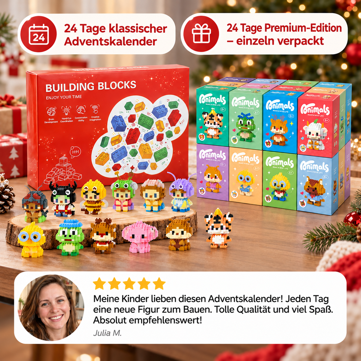 Adventný kalendár so zvieracími stavebnicovými kockami - 24 dní roztomilých stavebnicových figúrok