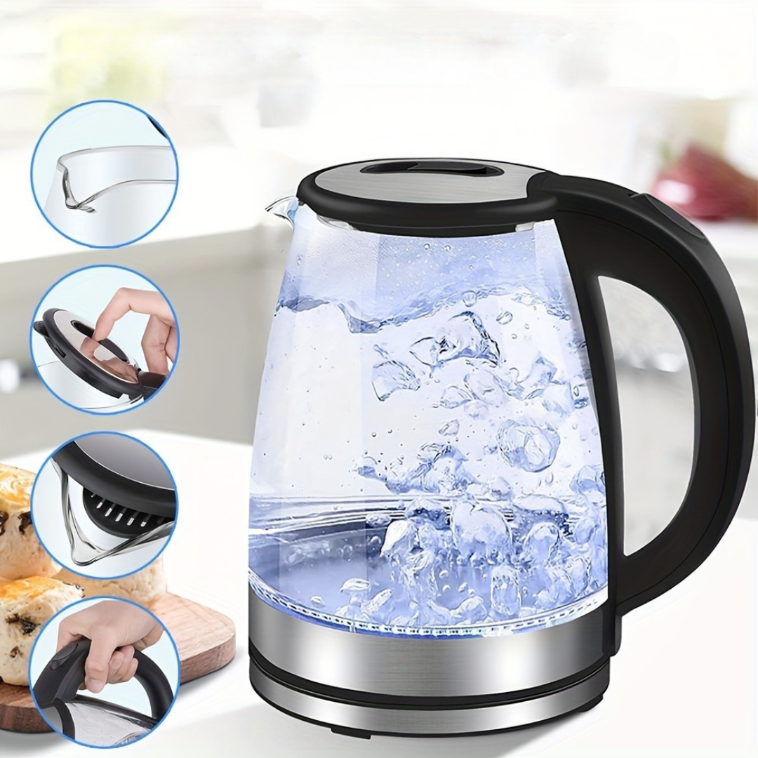 AquaElegance Luxury Glass Electric Kettle | Rapid Boil 2L with LED Light, Auto Shut-Off and Boil-Dry Protection for Safe and Stylish Use in the Kitchen