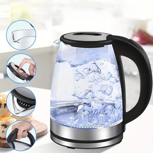 AquaElegance Luxury Glass Electric Kettle | Rapid Boil 2L with LED Light, Auto Shut-Off and Boil-Dry Protection for Safe and Stylish Use in the Kitchen
