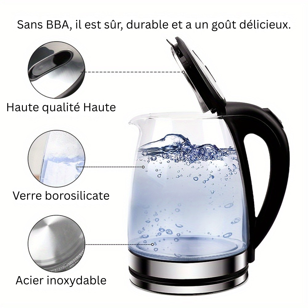 AquaElegance Luxury Glass Electric Kettle | Rapid Boil 2L with LED Light, Auto Shut-Off and Boil-Dry Protection for Safe and Stylish Use in the Kitchen