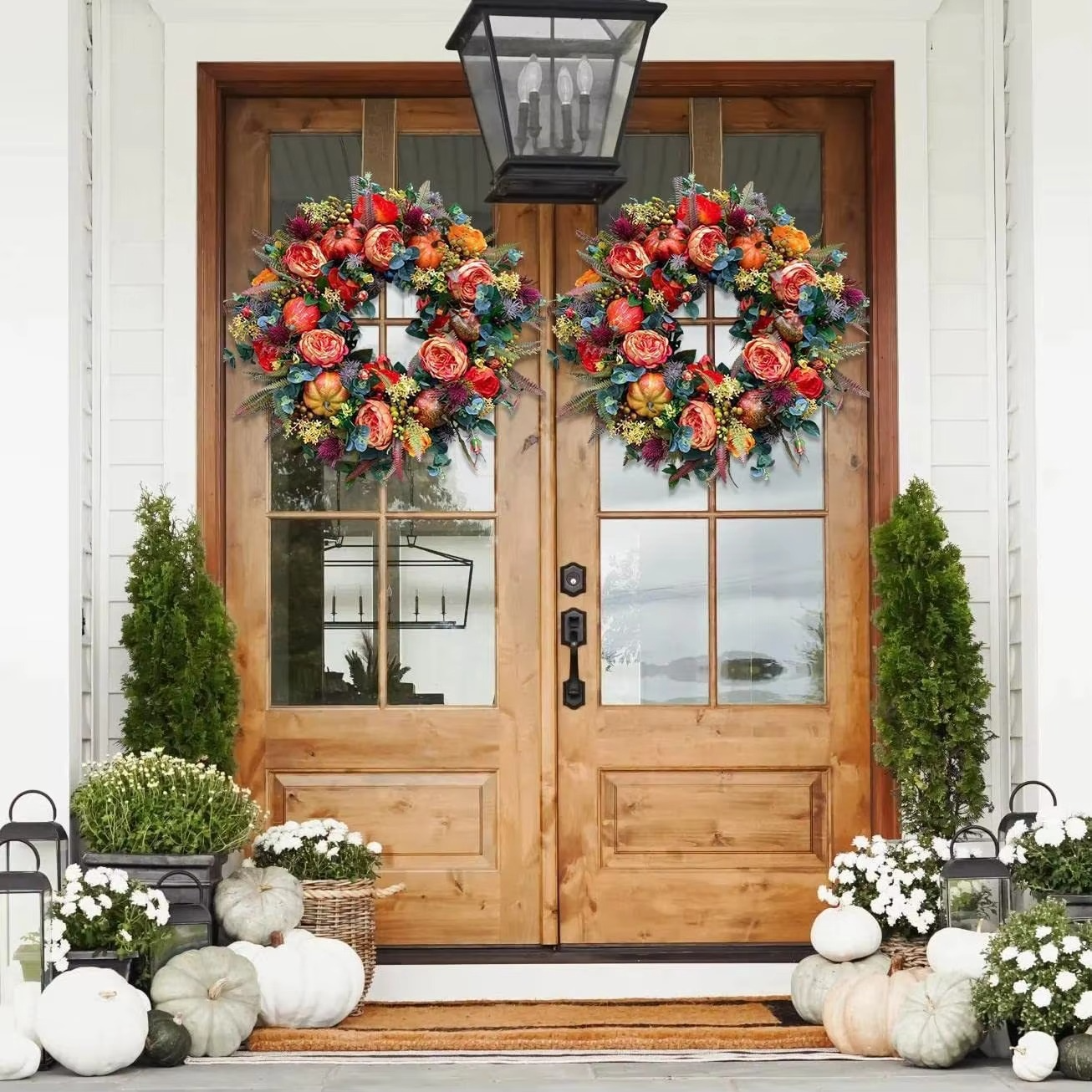 Autumn Wreath 40 cm Peony Flowers and Pumpkins Door Decoration