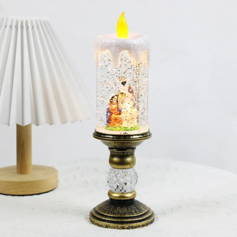 Bezplamenná LED svíčka se sněžítkem na baterie a třpytivým vzorem
