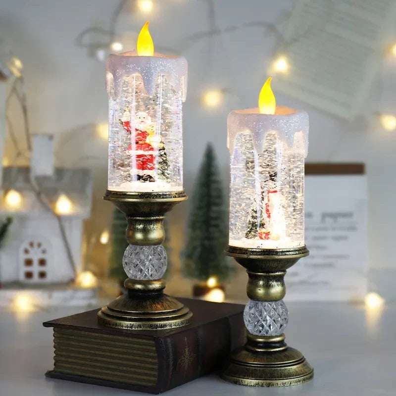 Bezplamenná LED svíčka se sněžítkem na baterie a třpytivým vzorem