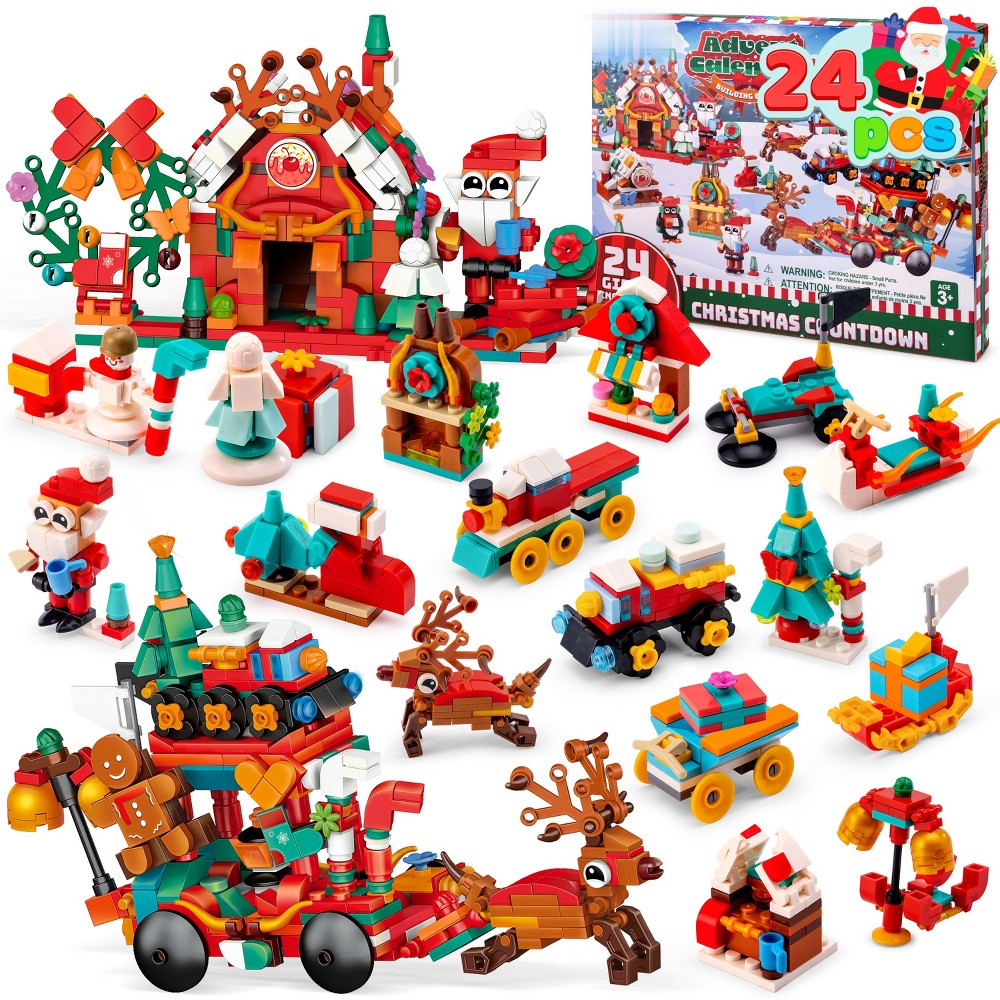 Adventný kalendár so stavebnicovými kockami, dennými miniatúrnymi súpravami a dvoma väčšími sviatočnými modelmi na vystavenie