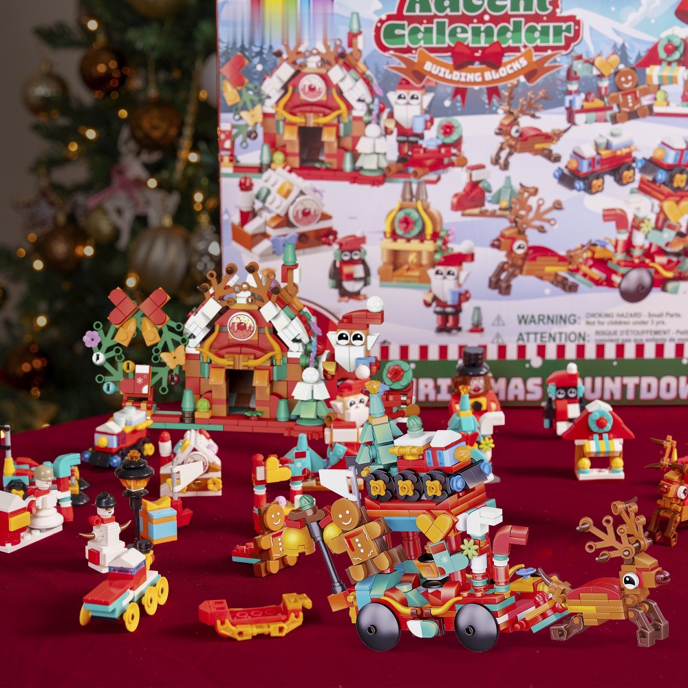 Adventný kalendár so stavebnicovými kockami, dennými miniatúrnymi súpravami a dvoma väčšími sviatočnými modelmi na vystavenie