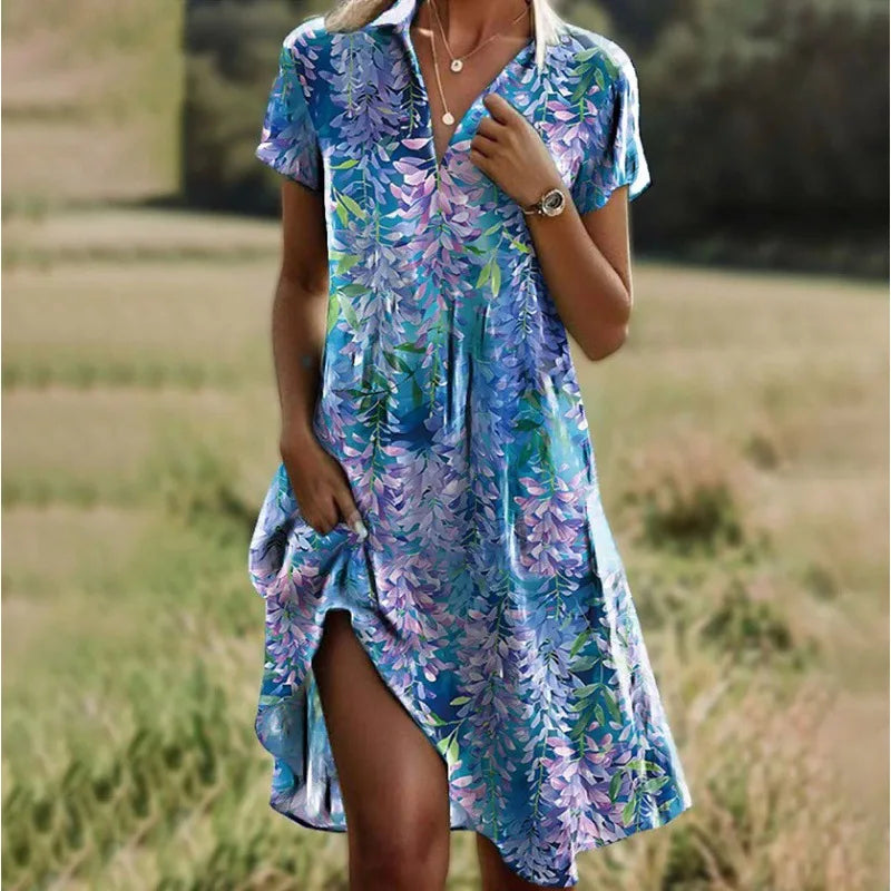 Carla | Elegant floral dress with V-neck, buttons and long sleeves for autumn