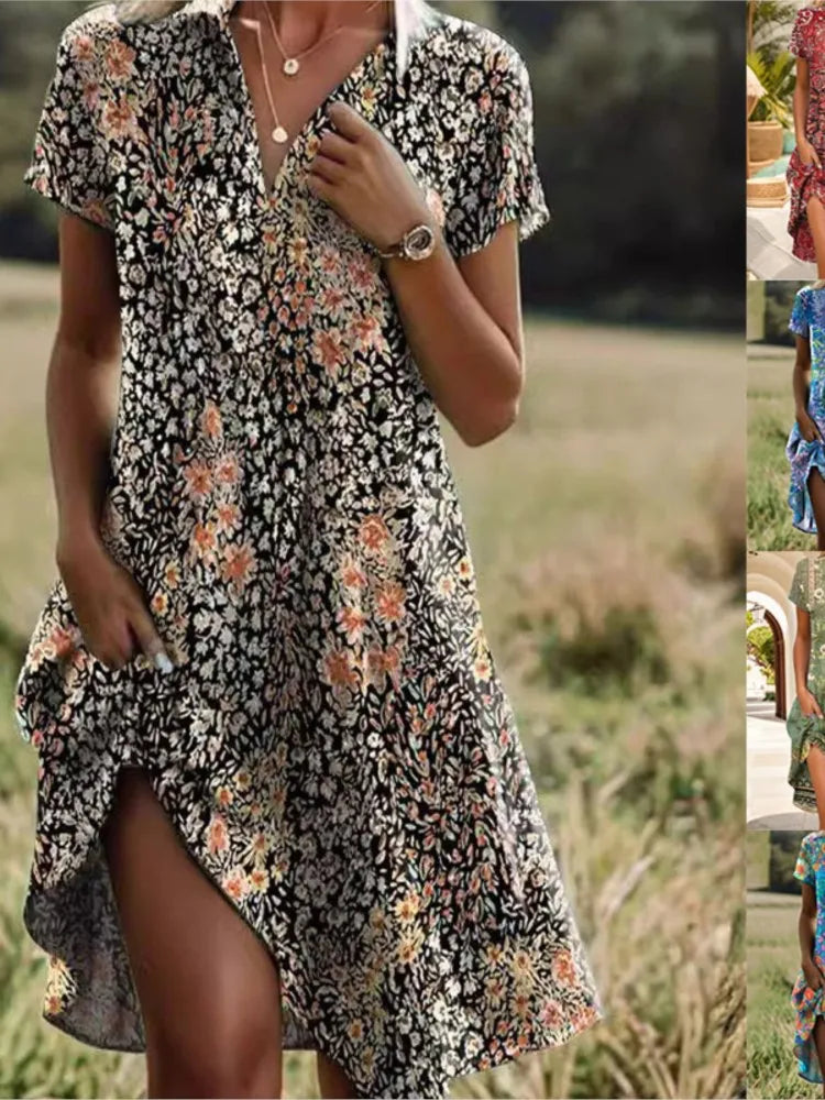 Carla | Elegant floral dress with V-neck, buttons and long sleeves for autumn