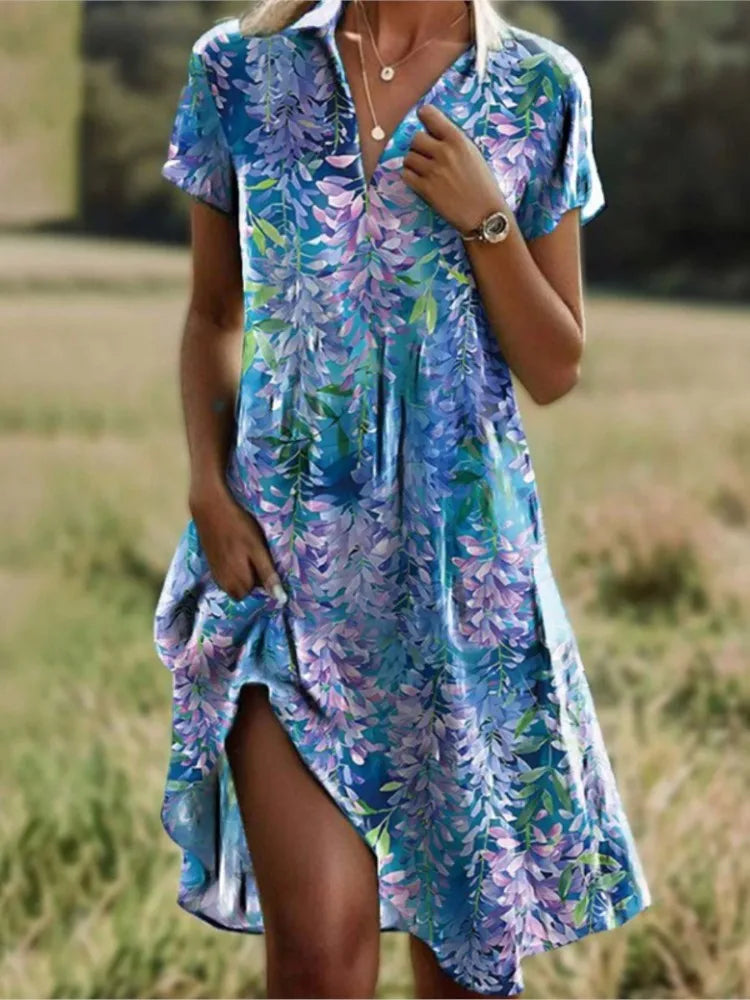 Carla | Elegant floral dress with V-neck, buttons and long sleeves for autumn