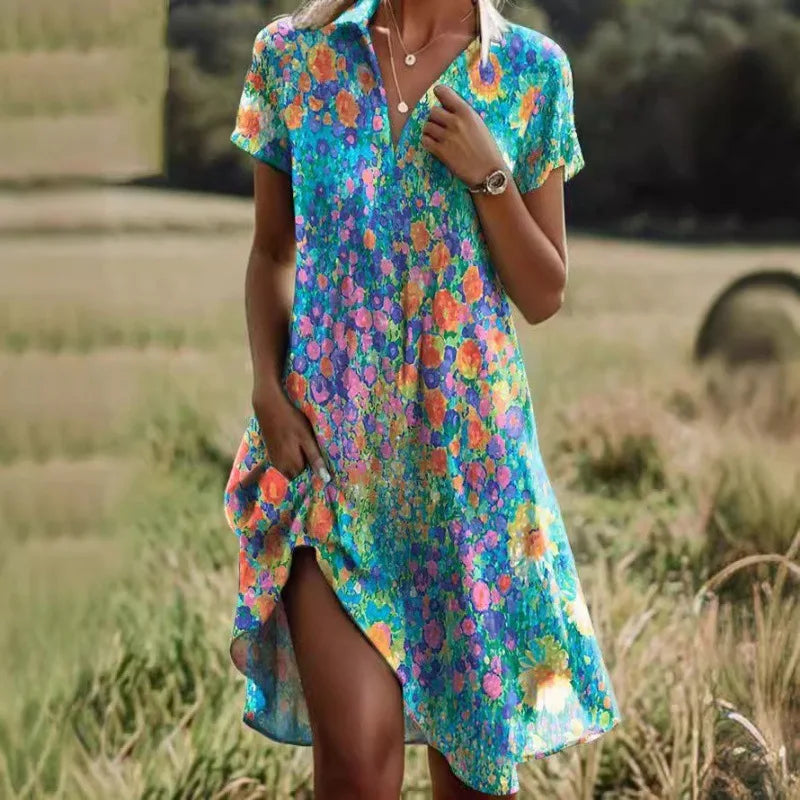 Carla | Elegant floral dress with V-neck, buttons and long sleeves for autumn