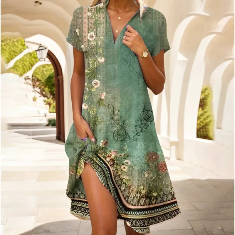 Carla | Elegant floral dress with V-neck, buttons and long sleeves for autumn