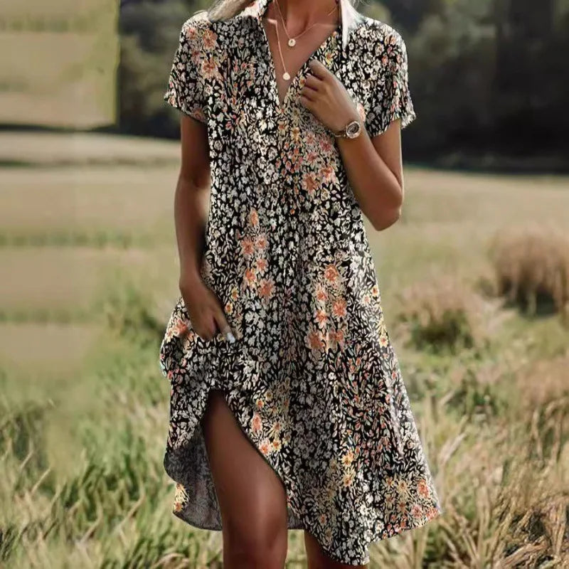 Carla | Elegant floral dress with V-neck, buttons and long sleeves for autumn