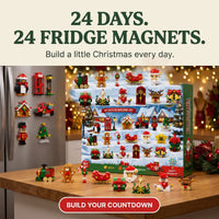 Jule-adventskalender med køleskabsmagneter, 24 små byggeprojekter i klodser