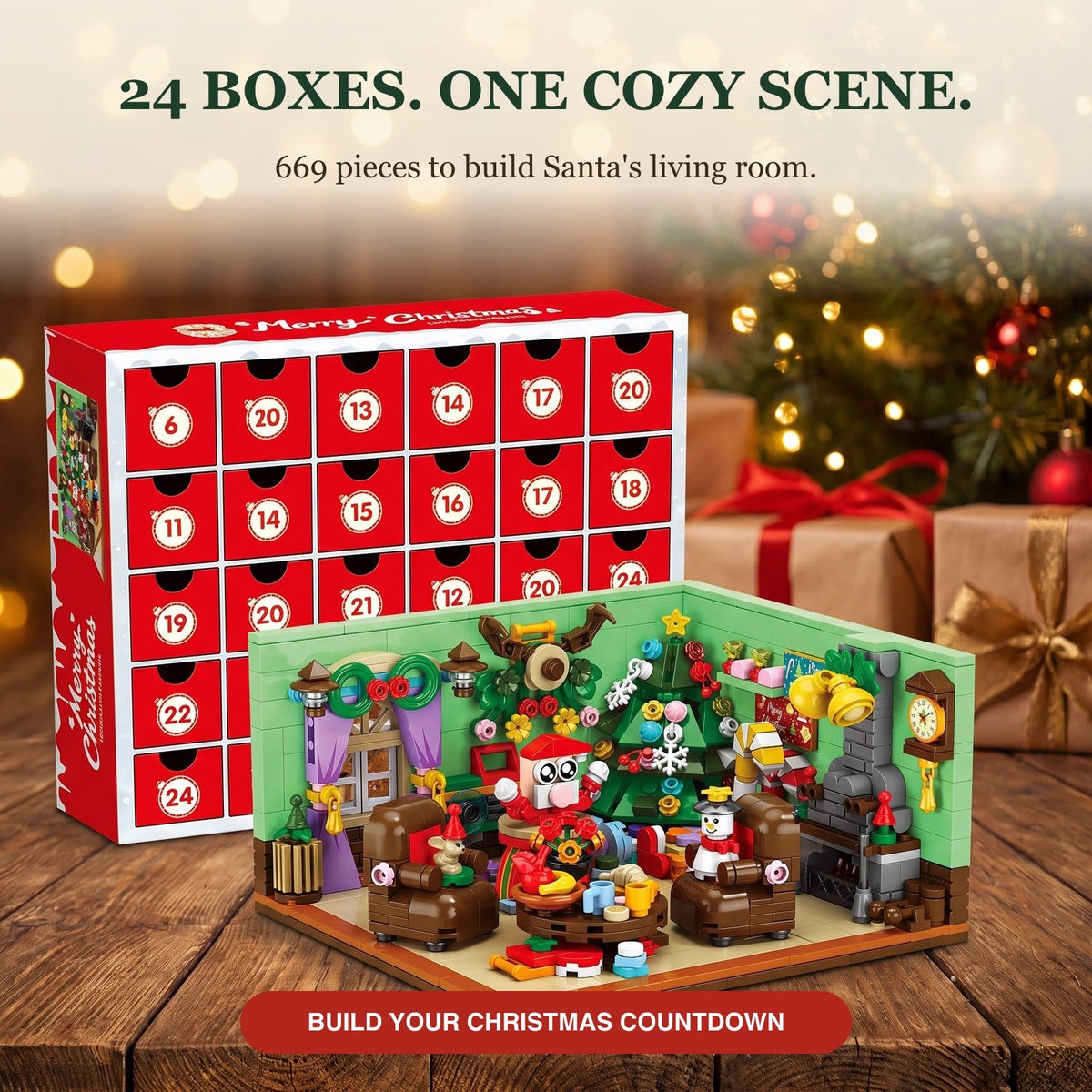 Santa's Living Room Advent Calendar, 669-Piece Brick Scene, 24 Boxes