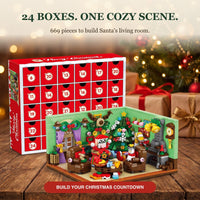 Adventný kalendár s obývačkou Santa Clausa, scéna z kociek s 669 dielikmi, 24 škatuliek