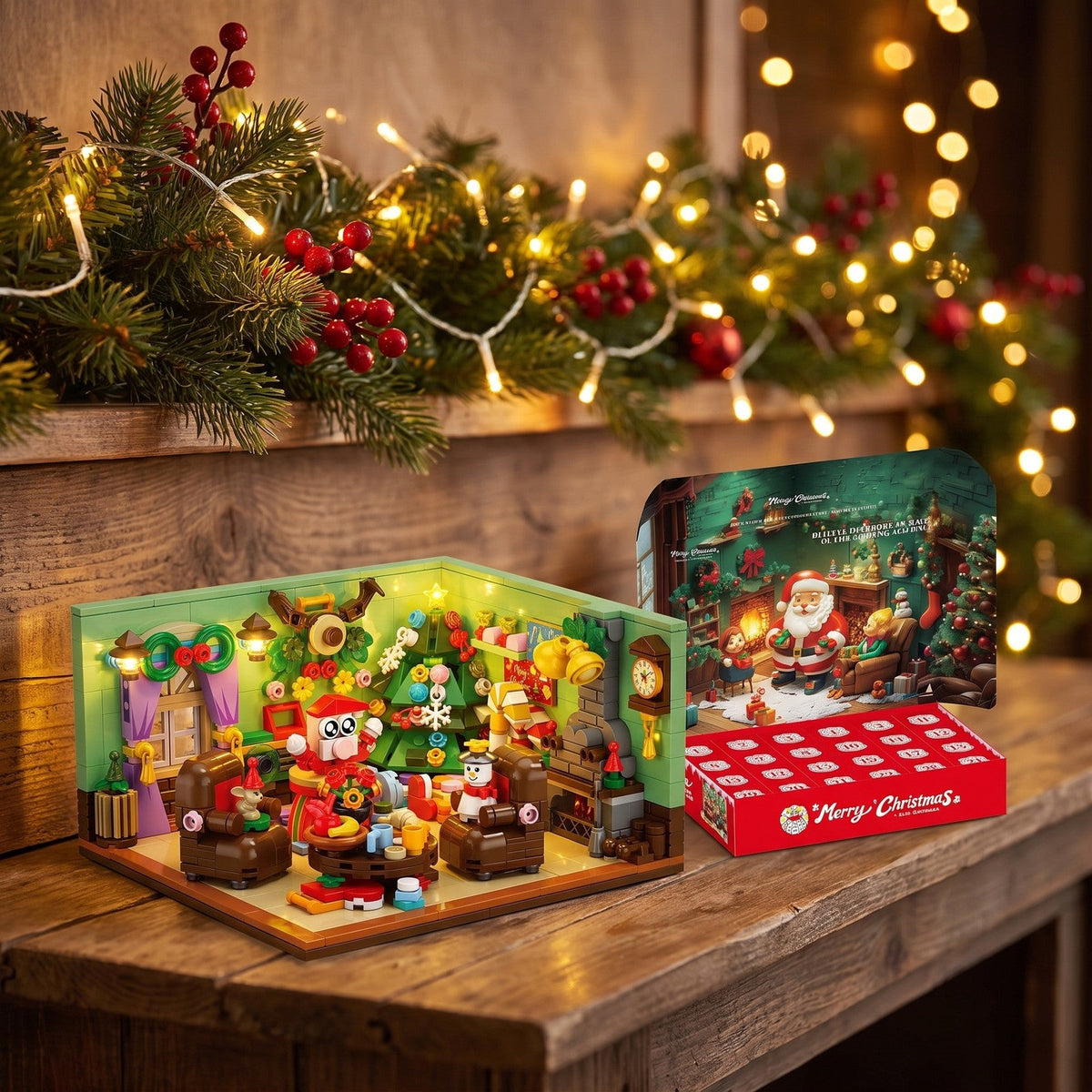 Santa's Living Room Advent Calendar, 669-Piece Brick Scene, 24 Boxes