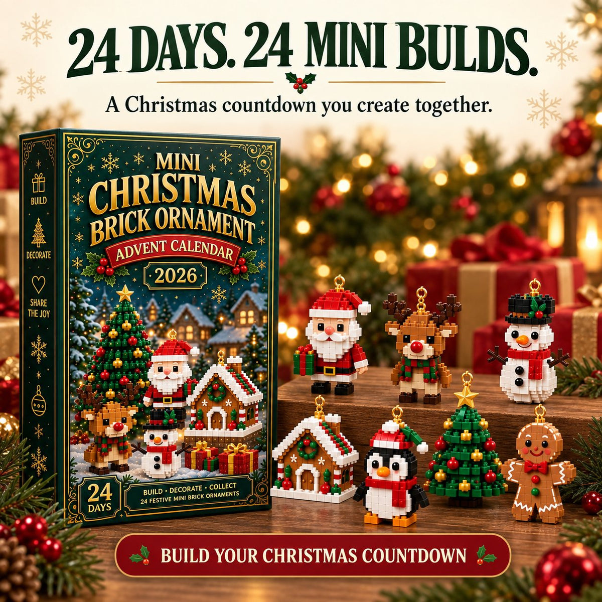 Adventný kalendár s vianočnými ozdobami – 24 mini stavebníc na vianočnú výzdobu