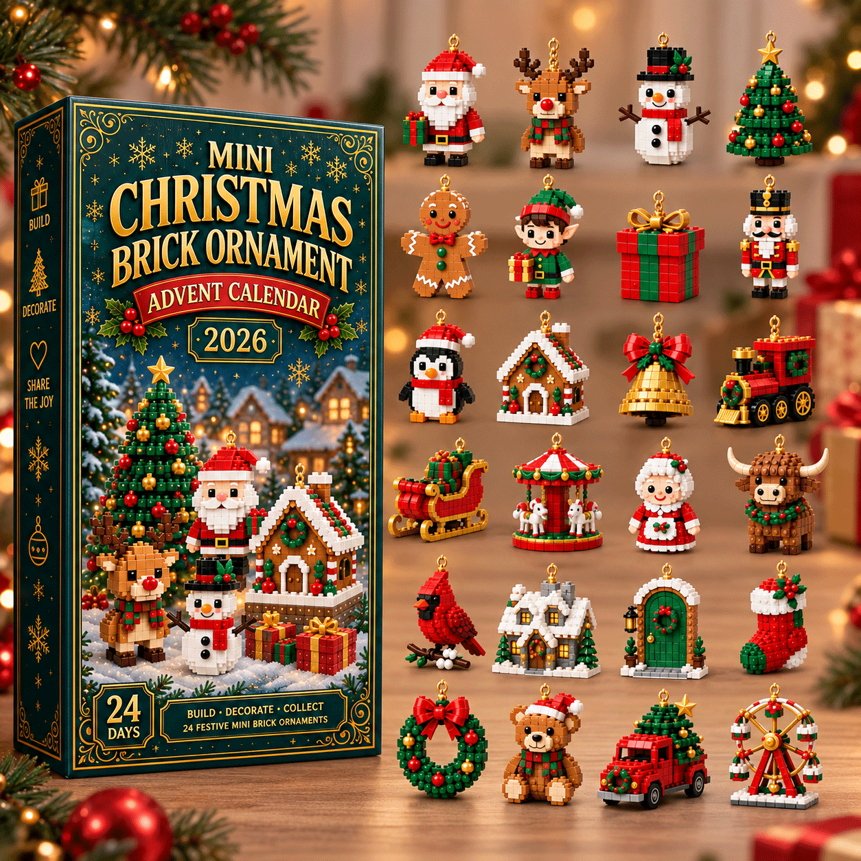 Adventný kalendár s vianočnými ozdobami – 24 mini stavebníc na vianočnú výzdobu