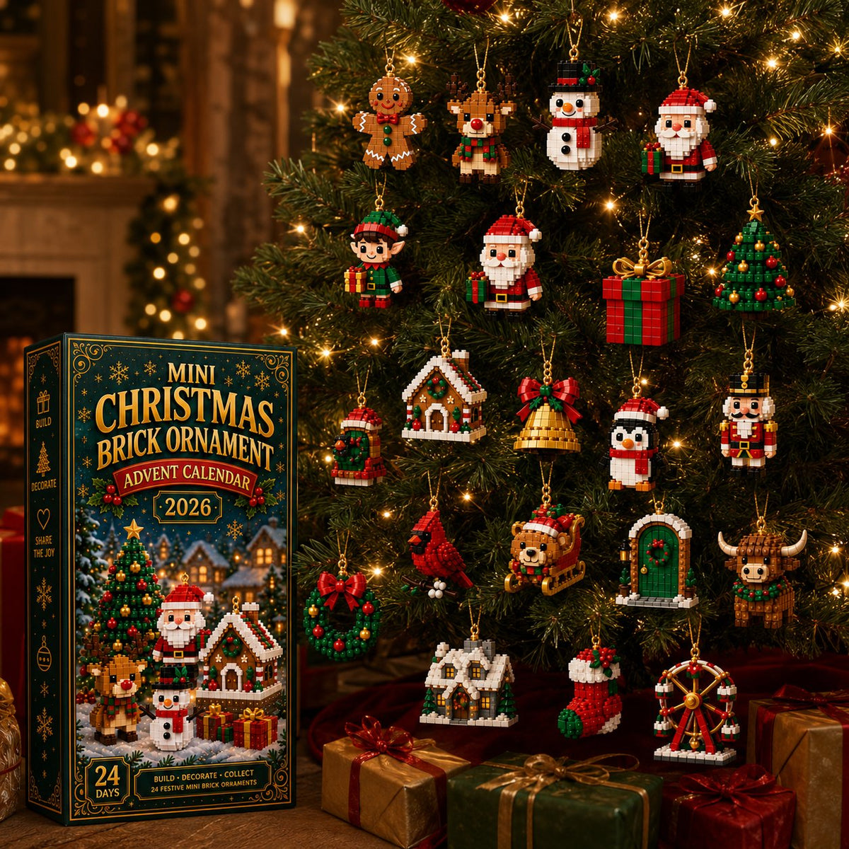Adventný kalendár s vianočnými ozdobami – 24 mini stavebníc na vianočnú výzdobu