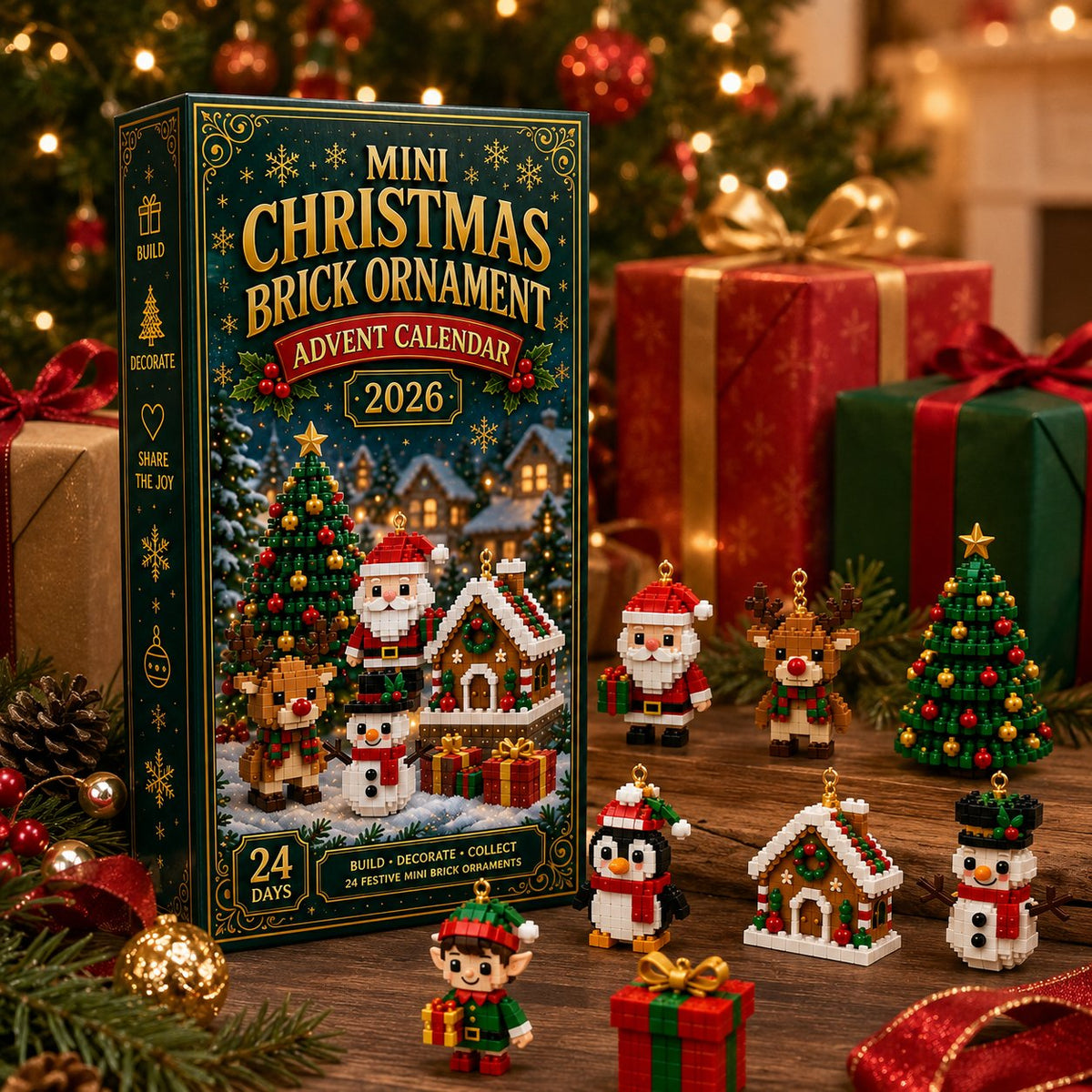 Adventný kalendár s vianočnými ozdobami – 24 mini stavebníc na vianočnú výzdobu