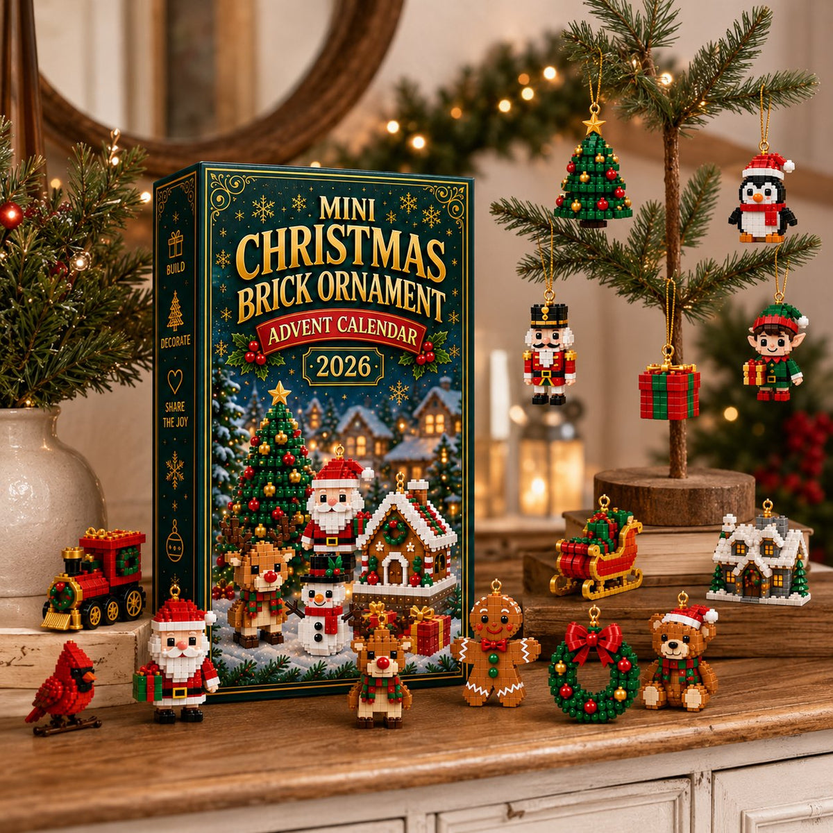 Adventný kalendár s vianočnými ozdobami – 24 mini stavebníc na vianočnú výzdobu
