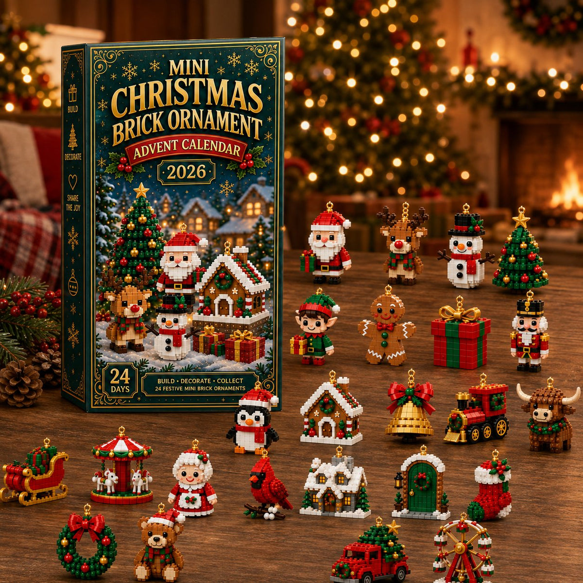 Adventný kalendár s vianočnými ozdobami – 24 mini stavebníc na vianočnú výzdobu