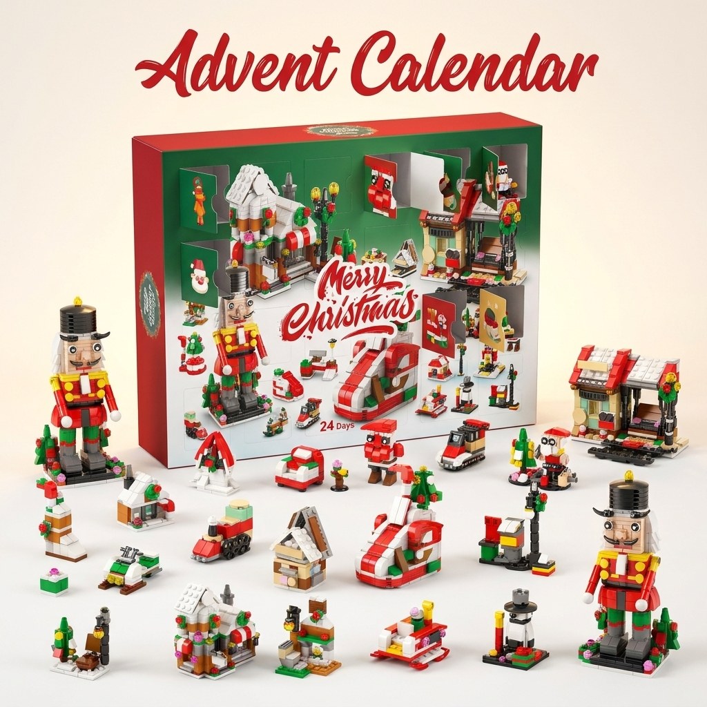 28-Door Christmas Village Advent Calendar, 6 in 1, Nutcracker, Sleigh or Tree