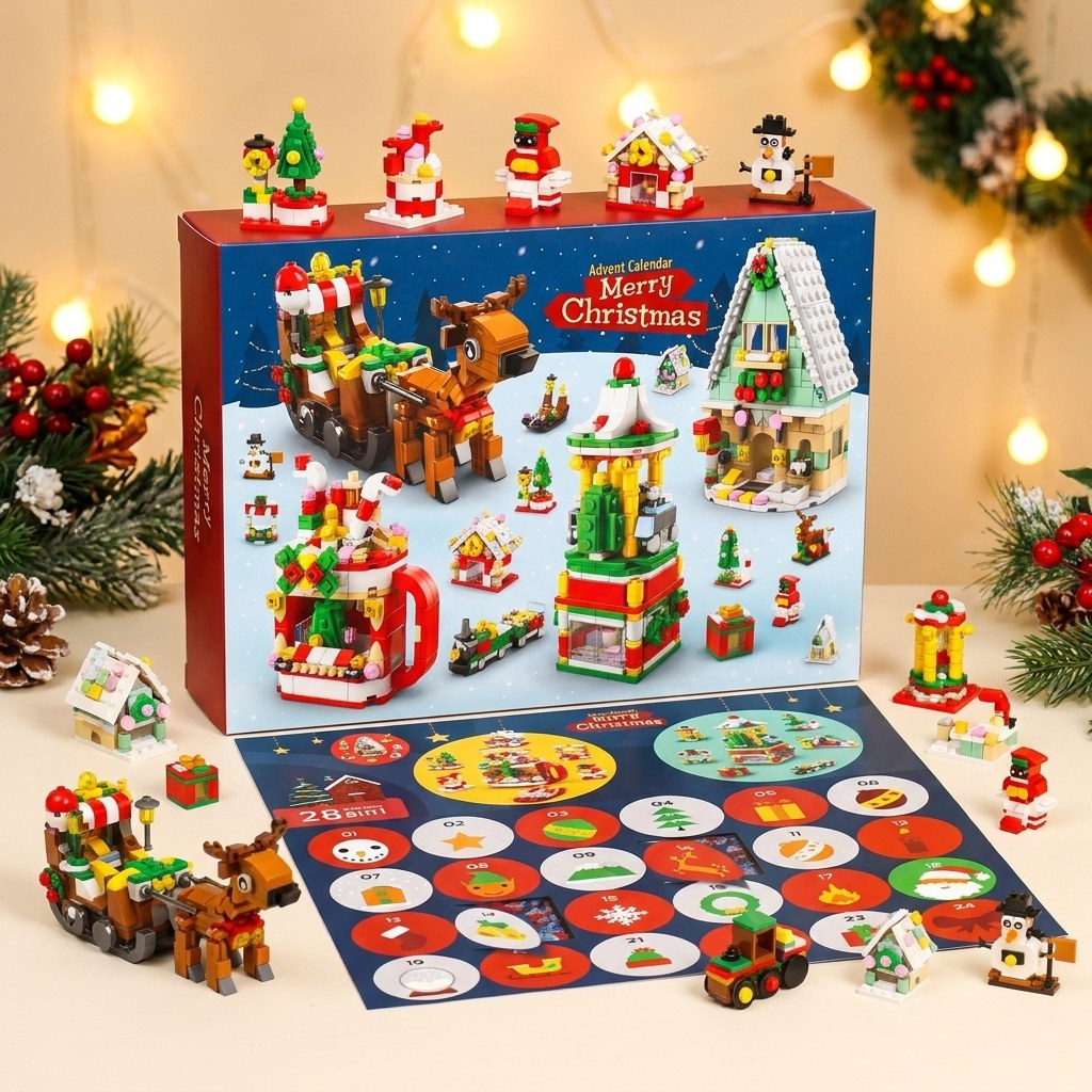 28-Door Christmas Village Advent Calendar, 6 in 1, Nutcracker, Sleigh or Tree