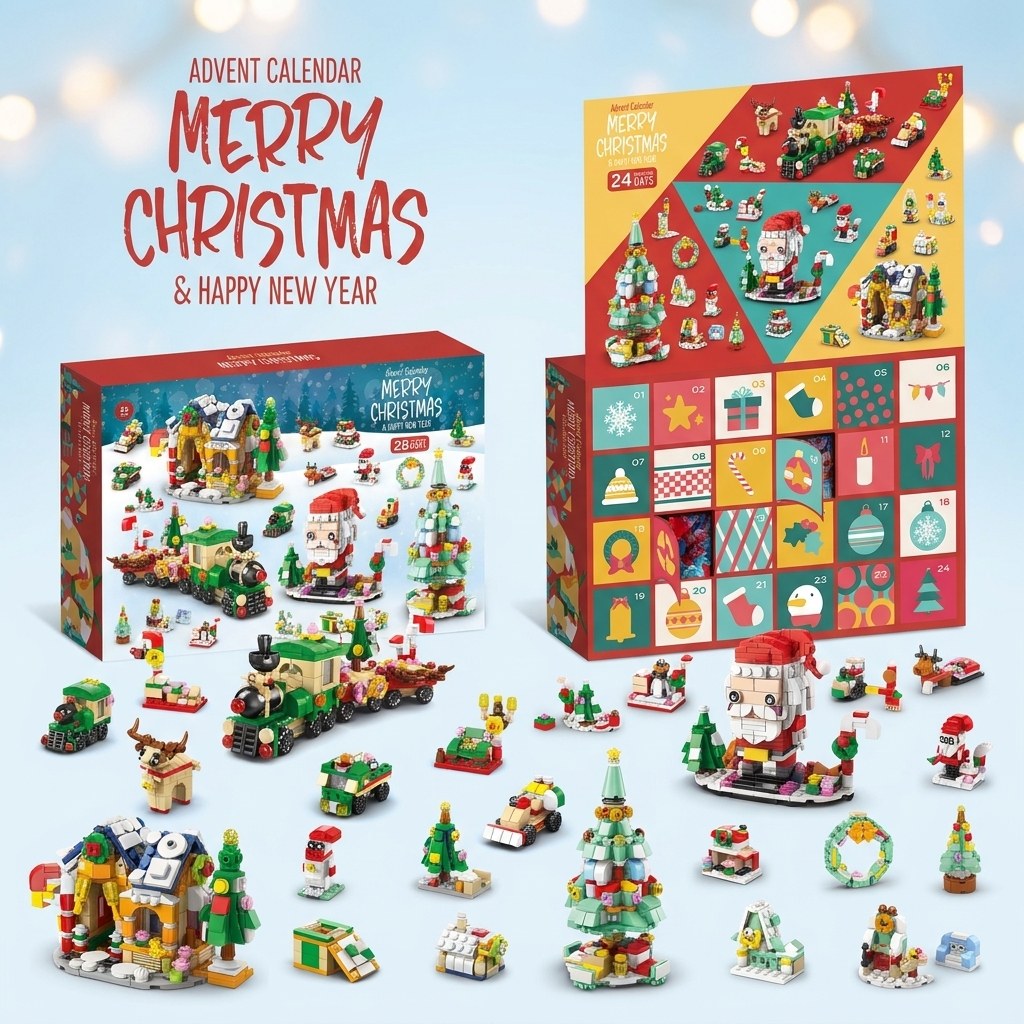28-Door Christmas Village Advent Calendar, 6 in 1, Nutcracker, Sleigh or Tree