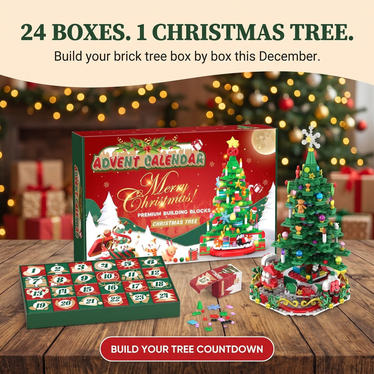 24-in-1 Brick Christmas Tree Advent Calendar with String Lights