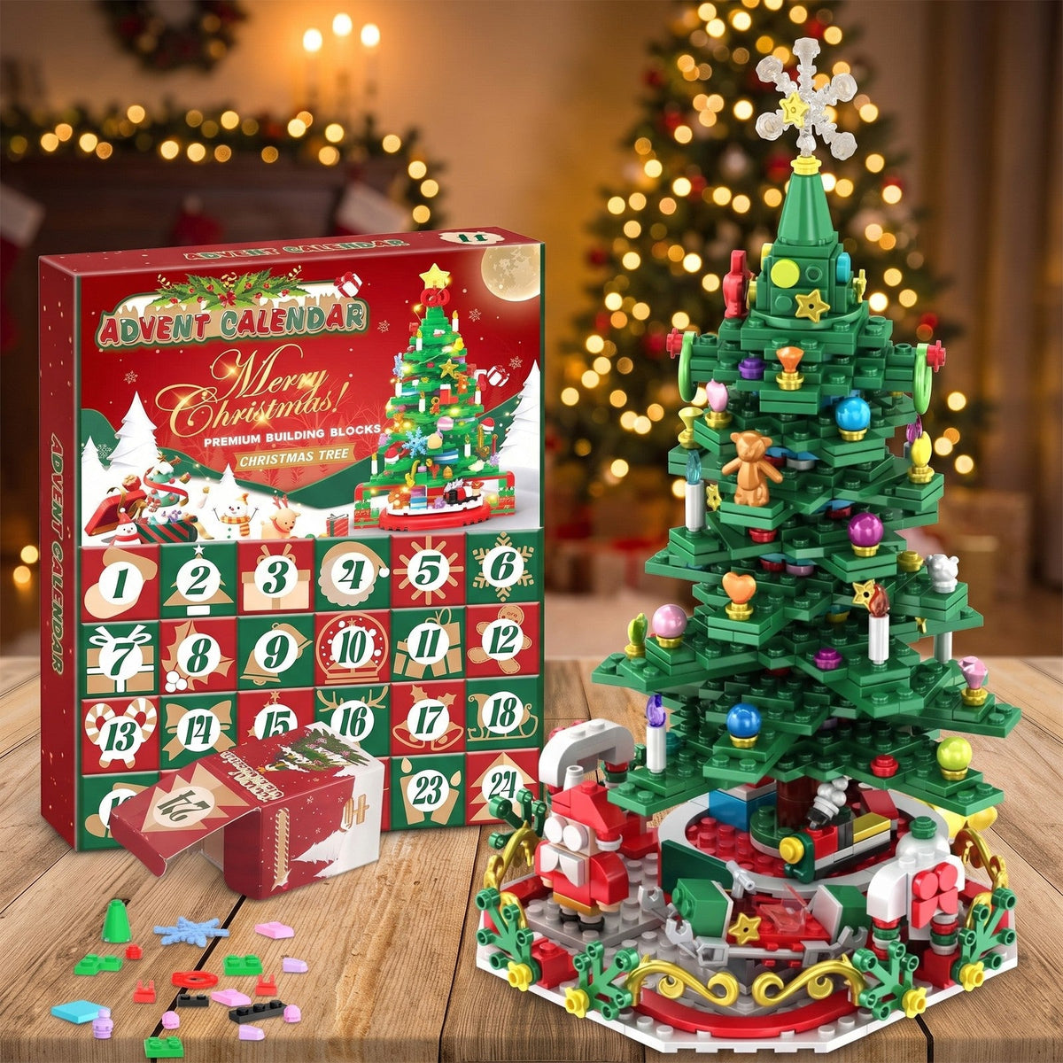 24-in-1 Brick Christmas Tree Advent Calendar with String Lights